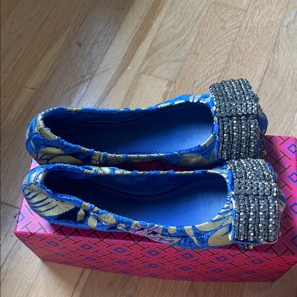 Tory Burch Blue Flats with Gold and Silver Accents